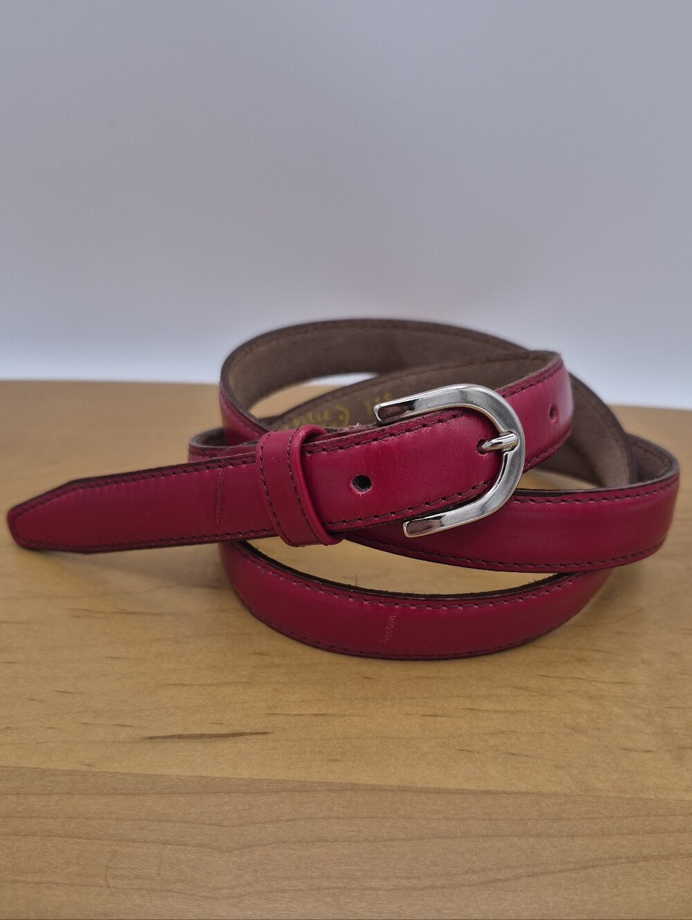 Vera Pelle Made In Italy Red Leather Skinny Belt Silver Buckle Size L (115) - Picture 8 of 9